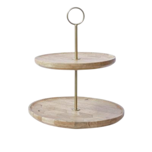 Ensemble de 2 supports à gâteau en bois et métal, couleur naturelle, 2 étages, utilisation pour mariage, anniversaire, vaisselle, support à gâteau rond - Product Image 5