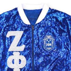 Veste à paillettes ZPB |   100% polyester, logos brodés Zeta Phi Beta, manches à paillettes, bouton unique, poignets côtelés, personnalisable - Product Image 3