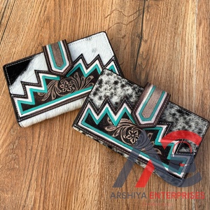 Gran oferta, cartera plegable de cuero con herramientas hechas a mano, cartera occidental para ocultar el pelo, cartera para tarjetas de crédito, cartera de mano Floral de piel de vaca occidental para mujer - Product Image 1