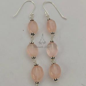Boucles d'oreilles en quartz rose, argent sterling 925, pierres précieuses roses, perles pendantes, bijoux faits à la main, cadeau - Product Image 3