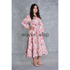 เดรสยาวคลุมเข่าสำหรับผู้หญิง, เดรสผ้าฝ้ายอินเดีย100% ผ้าทอเอวธรรมชาติพิมพ์ลายดิจิตอลสำหรับสวมใส่ในชีวิตประจำวัน - Product Image 3