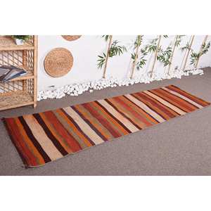 พรมขนแกะสีเบจโบฮีเมียนสีส้มงานแฮนด์เมดพื้นที่ขนาดใหญ่รูปสี่เหลี่ยมผืนผ้างานเย็บปะติดโถงทางเดินแอบสแตรกสำหรับห้องนอน2.3 x 8.4ft ลาเท็กซ์ - Product Image 3