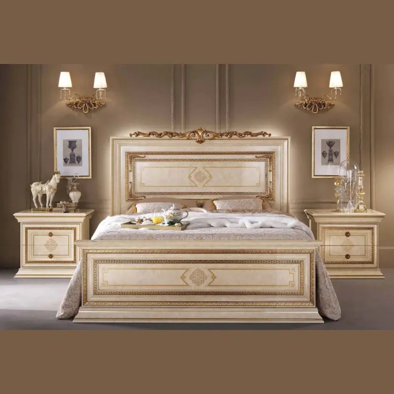 Putih Royal mewah diukir kamar tidur Set furnitur kerajinan kayu ukuran ratu kamar tidur Set terjangkau ukuran King tempat tidur ukiran tangan seluruh