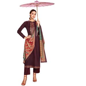 Pure Jam Satin con cuello exclusivo y bordado Damian trabajo con dupatta de impresión digital - Product Image 1