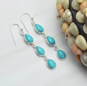 Bleu Turquoise 925 argent Sterling Style bohème pierres précieuses crochet boucles d'oreilles à la main 1 paire bijoux avec 3 pierres cadeau d'anniversaire - Product Image 3