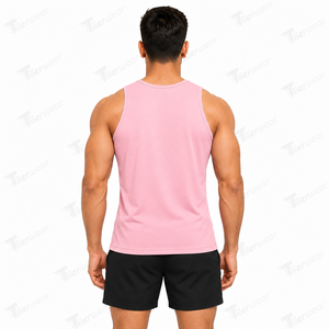 Camiseta sin mangas rosa para hombre, cuello redondo, deportiva, de secado rápido, poliéster, para entrenamiento, gimnasio, con logo impreso en la parte delantera. - Product Image 4