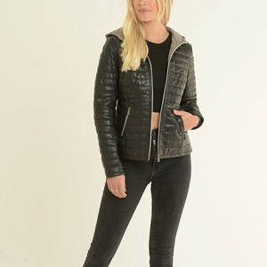 Blouson en cuir matelassé avec fermeture éclair asymétrique Blouson aviateur en cuir végétal léger Blazer en cuir surdimensionné - Product Image 2