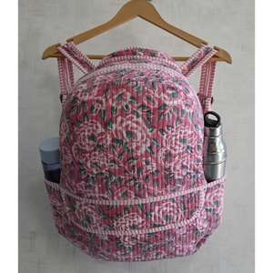 Lightweight Cotton Quilted Mini <b>Backpack</b> <b>with</b> Zipper Closure Handmade in India Floral Hand Block Print for Travel & School Use - Product Image 1