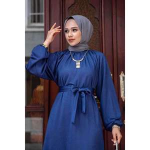 Robe quotidienne modeste Indigo avec jupe à volants col montant taille naturelle viscose matériel broderie motif imprimé décoration - Product Image 3