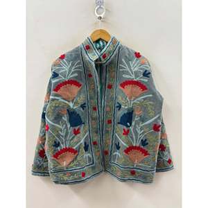 Buzkashi Garden Quilted Reversible Suzani Hand-Embroidered Velvet Bomber <b>Jacket</b> XL Slate Blue-Sustainable Varsity for Autumn - Product Image 4