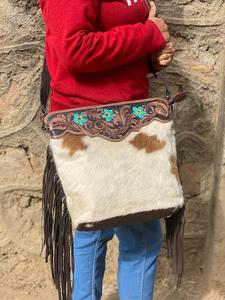 Nuevo diseño, bolso de mano de cuero, bolso de cuero con flecos de piel de vaca Real, bolso de hombro tallado, bolsos de Color turquesa bohemio para mujer - Product Image 2