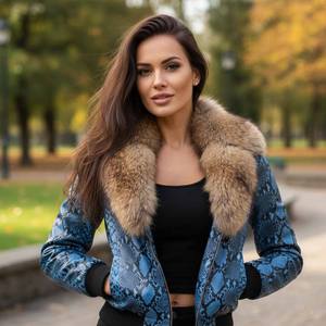 Chaqueta de Motera Delgada de Cuero Genuino a Cuadros para Mujer con Cuello de Piel de Zorro Marrón, Cierre de Cremallera, Cortavientos, Ropa de Calle de Invierno - Product Image 1