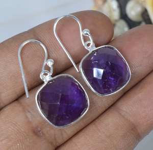 Améthyste violet naturel à facettes coussin coupe pierre précieuse lunette réglage personnalisé S925 argent Sterling crochet boucles d'oreilles pierre de naissance bijoux - Product Image 1
