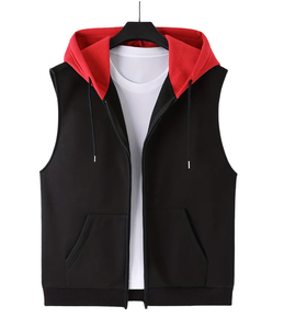 <b>Men's</b> Hooded Sleeveless <b>Vest</b> Solid Color Zipper Front Pocket Casual Outerwear Autumn Wear <b>Black</b> with Red Hood - Product Image 1