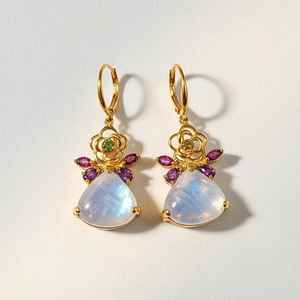 ต่างหูเงินแท้ 925 ชุบทอง 14k ประดับมูนสโตนสีรุ้ง สำหรับผู้หญิง หินประจำเดือนมิถุนายน รูปดอกไม้ เครื่องประดับจากธรรมชาติ - Product Image 1