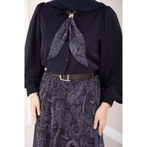 Conjunto de Chal de Gasa Estampado Azul Marino Casual de Otoño, Tallas XL y XXL, Top de Punto Tejido con Cuello de Lazo y Falda con Cinturón - Product Image 4