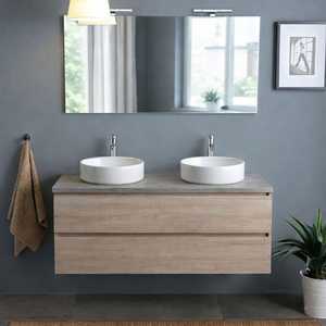 2C 2V Oak Well Cabinet 120 cm with 120x60 Beton <b>Mirror</b> Top and 2 Belize Lamps Bathroom <b>Set</b> - Product Image 2