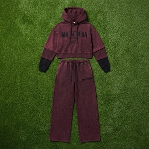 Custom <b>Women</b> Burgundy Acid Wash Cropped Hoodie Wide Leg <b>Jogger</b> Set Cotton Fleece Streetwear Tracksuit OEM - Product Image 6