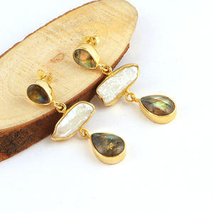 Pendiente de gota chapado en oro con gema de labradorita y Perla natural, joyería personalizada para chicas - Product Image 2