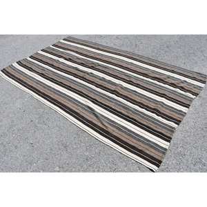 Tapis Turc Vintage Moderne 5.2X8.6 pieds Marron Blanc Patchwork Design Fait à la Main Laine Latex Grand Rectangle pour Couloir pour Adolescents - Product Image 3