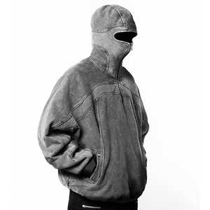 Sweat à capuche intégral personnalisé, style Techwear, gris délavé, surdimensionné, streetwear, veste masquée, poches, 100% anti-rides - Product Image 1