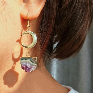 925 Plata de Ley sólida oro Luna amatista natural rebanada media luna pendientes Druzy cuarzo piedras preciosas pendientes cristal curativo - Product Image 2