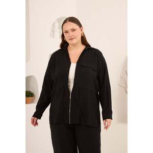 Chaqueta Tejida Negra para Mujer, Talla Grande, Marca RMG, con Lazos Lisos Teñidos, Mangas Plisadas, Cinturón, Antiarrugas, Transpirable, Mezcla de Modal y Poliéster - Product Image 3