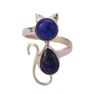 925 Sterling Silver Handmade Cat <b>Statement</b> <b>Ring</b> Lapis Lazuli Gemstone with Natural Blue Pear Shape Boho September Inlay Gift - Product Image 1