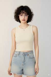 เสื้อกล้ามถักแบบรัดรูปของผู้หญิงผ้าคอตตอนแขนกุดยืดเข้ารูประบายอากาศได้ดีผ้าคอตตอนสี100% หวาน - Product Image 2