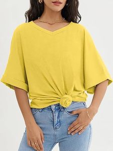 Camisetas de verano para mujer, Camisetas estampadas personalizadas de manga corta con cuello en V de color amarillo limón sólido, camisetas en blanco de moda de verano - Product Image 4