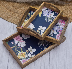 Lot de trois plateaux en bois jetables faits à la main, motif floral bleu moderne, écologiques, 100 pièces pour service à domicile, artisanat rectangulaire - Product Image 4