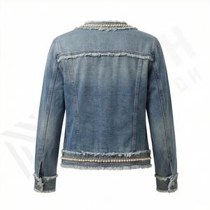 Plus Size Women Ripped Customized Color Denim Jacket Multi Pocket Design <b>Long</b> Sleeve Vintage Pearl Details Stylish Casual <b>Coat</b> - Product Image 2