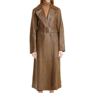 New Winter Patchwork <b>Leather</b> Long <b>Coat</b> For Woman Windproof Breathable Khaki Color Belted Long <b>Coat</b> By FM Garments - Product Image 4