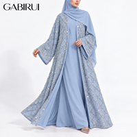 Ensemble 2 pièces pour femmes musulmanes : Kimono de luxe à sequins et pompons, Abaya Dubaï, Robe intérieure en satin, Abaya florale longue avec perles.