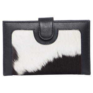 Dark Black and <b>White</b> Cowhide Zipper Closure <b>Handbag</b> with Decorative Tassel Premium Polyester Lining Wallet Accessory - Product Image 1