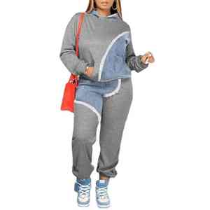 Women Two Piece Sets Tracksuit Autumn Jeans Splicing Hooded Top Sweatshirts Pocket Jogger Pants <b>Suit</b> Loose Female Office <b>Lady</b> - Product Image 2