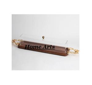 Bandeja de madera para servir postres con asas de aluminio y tapa acrílica Bandeja de dulces de color marrón de diseño fantástico - Product Image 1