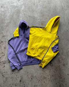 Casual Unisex <b>Hoodies</b> with Stripe Sleeve Design Soft Cotton Pullover Sweatshirts in <b>Yellow</b> & Purple - Product Image 1