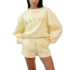 Ensemble de vêtements de sport 2 pièces pour femmes de haute qualité, short de motard avec logo personnalisé solide, sweat-shirts décontracté, respirant, haute visibilité - Product Image 1