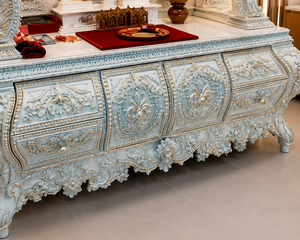 Swaminarayan Hand Carved <b>Mandir</b> in Marble Look BAPS Design White Gold Swaminarayan Temple Best Quality Teak Wooden Carved <b>Mandir</b> - Product Image 5