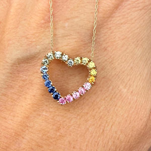 Multi Color Blue <b>Pink</b> Yellow Green Natural Sapphire Gemstone Heart Shape Pendant 10k Yellow Gold 18" Chain Valentine's <b>Necklace</b> - Product Image 1