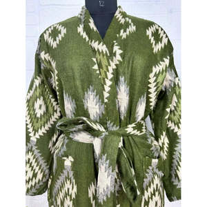 Unisex Yak <b>Wool</b> Robe Geometric Diamond Print Luxurious Urban Floral Warm Beige <b>Red</b> and Teal Kimono/Robe - Product Image 2