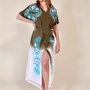 Caftán 100% Algodón con Bordado Paisley, Cinturón, Tinte Degradado, Bordado Floral 3D, Estilo Casual, Sexy, Bohemio, Maxi, Cintura Natural, Lavable - Product Image 1