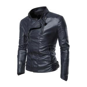 Veste en cuir pour homme, automne et hiver, vintage, moto, col montant, coupe-vent, à capuche, haut de gamme avec logo sur le devant - Product Image 5