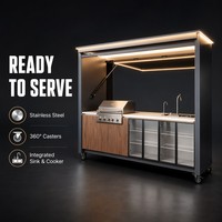 Kiosque de cuisine mobile modulaire d'extérieur sur roues en acier inoxydable avec évier, cuisinière et stockage réfrigéré