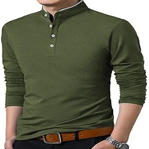 Factory Price Cotton Plain Stand <b>Collar</b> Button Custom Logo Full Sleeve Polo <b>T</b> -<b>Shirt</b> for Men. - Product Image 1