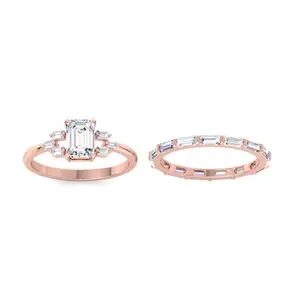 Nuovo Design alla moda 1.00 carato smeraldo taglio laboratorio cresciuto diamante anello di fidanzamento con Baguette e rotonda fede nuziale per le donne