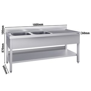 Fregadero Comercial de Acero Inoxidable ECO - 1800x600mm - con Doble Cubeta Izquierda - con Estante Inferior - con Borde Elevado - Product Image 2