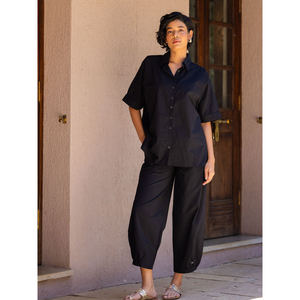 Lady's Solid Two Piece <b>Short</b> <b>Set</b>-Midnight Black Cotton <b>Top</b> & Pants - Product Image 1