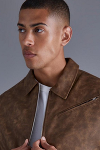 Veste d'hiver pour homme en cuir de mouton toile premium, coupe courte, col montant, fermeture éclair double curseur, épaules tombantes, modèle Plus - Product Image 6